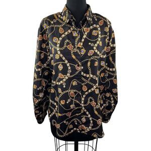 VINTAGE Laura & Jayne Black Multi Chain Baroque Print Button-Up Top VTG Plus 16